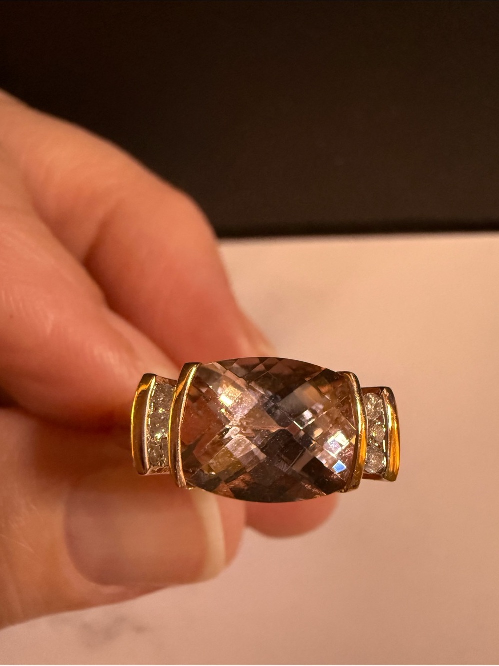 14K Rose Gold Checkerboard Morganite & Diamond Ring